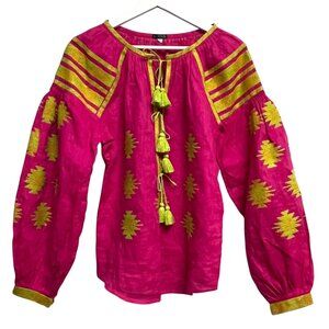 Harna Blouse Womens‎ XS-S Pink Yellow Embroidered Linen Ukraine Boho Tassel Top